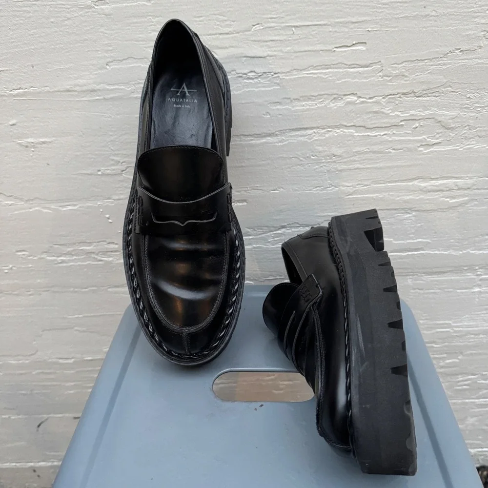 Aquatalia Platform Penny Loafers 10 Black Leather Chunky Lug Sole Waterproof y2k - Picture 5 of 11